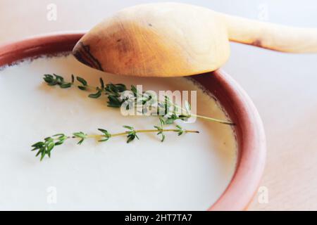 Yogurt fresco biologico fatto in casa e menta fresca. Yogurt tradizionale sana idea di concetto di nutrizione Foto Stock