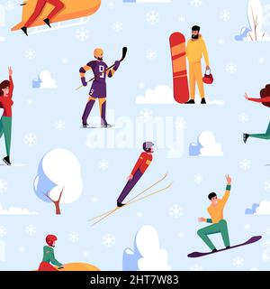 Modello sportivo invernale. Snowboard sci garish vettore sfondo senza cuciture Illustrazione Vettoriale