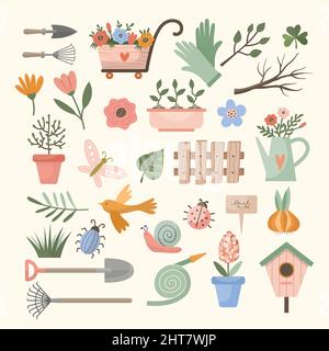 Elementi decorativi a molla. Attrezzi di giardinaggio cespugli foglie piante rami uccelli fiori animali illustrazione piatta vettoriale recente per la primavera Illustrazione Vettoriale