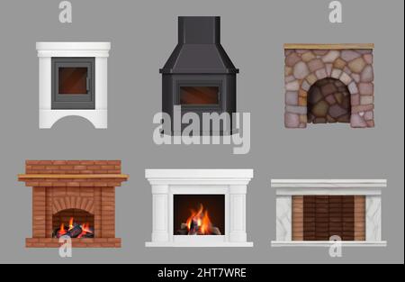Caminetti. Camino decorativo mattone con fuoco decorazione interna moderna decent vettoriale casa caminetti realistici Illustrazione Vettoriale