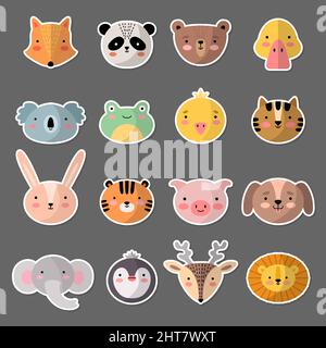 Testa animale carina. Kawaii volti sorridenti avatar diverse espressioni pinguino panda maiale adesivi recenti vettore illustrazioni set Illustrazione Vettoriale