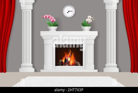 Interno con caminetti. Moderno luogo di casa con caminetti decorativi decent vettore realistico modello di sfondo Illustrazione Vettoriale