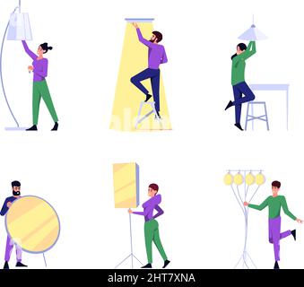 Lavoratori elettricisti. Illuminazione installazione caratteri decorati interni casa con varie lampadine luce Switboard Garish Vector lampada in camera Illustrazione Vettoriale