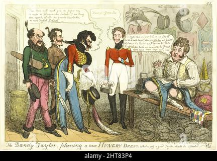 The Dandy Tailor, Planing a New Hungry Dress, pubblicato il 15 maggio 1819. Foto Stock