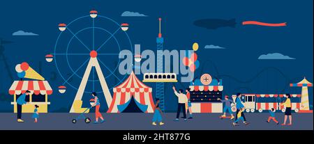 Mercato notturno. Fest strada fiera con attrazioni e bancarella di cibo. Festival estivo, festa all'aperto. Gente che cammina sera sul parco della città, divertimento recente Illustrazione Vettoriale