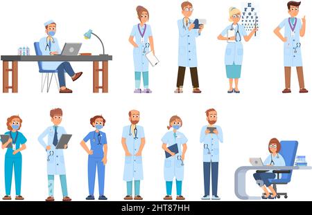 Caratteri medici diversi. Medico, medico o farmacisti dell'ambulanza. Professionisti della medicina, persona dell'ospedale. Personale sanitario in maschera, decente Illustrazione Vettoriale