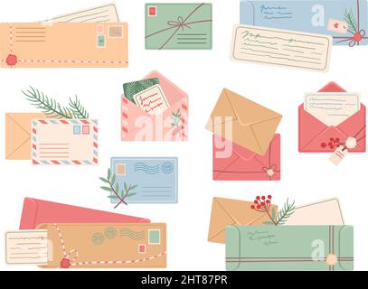 Raccolta delle buste. Posta lettera e cartoline, pacchi postali fatti a mano. Buste decorative vintage con cartoncini. Cute scrivere messaggi di saluto, pulito Illustrazione Vettoriale