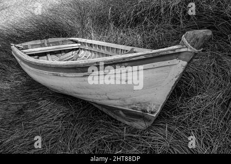 Foto in scala di grigi di una piccola barca di legno sulle erbe Foto Stock