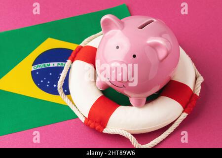 Piggy banca, lifbuoy e bandiera su uno sfondo colorato, il concetto di salvare l'economia brasiliana Foto Stock