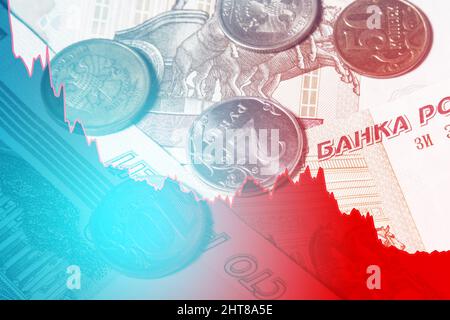 Contesto con grafico del prezzo rublo russo in calo influenzato dalle sanzioni economiche Foto Stock