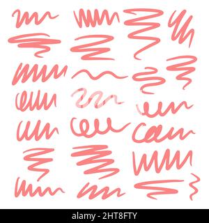Set di pennellate astratte, linee, squiggles e vortici in rosa. Disegno vettoriale a mano isolato su sfondo bianco. Perfetto per decorazioni, disegni vari. Illustrazione Vettoriale