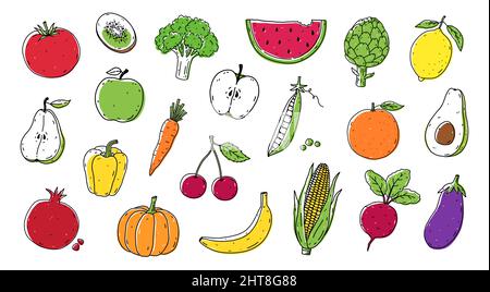 Set di frutta e verdura - mais, broccoli, barbabietola, pomodoro, carota, avocado, mela, pera, limone, banana, arancione e altri. Cibo sano biologico. Illustrazione vettoriale disegnata a mano in stile doodle. Illustrazione Vettoriale