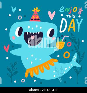 Poster dello squalo carino. Creatura divertente del mare. Cocktail di festa. Tessera compleanno. Happy Hammer fish. Animale da nuoto subacqueo Cartoon oceano. Festeggiamenti Illustrazione Vettoriale