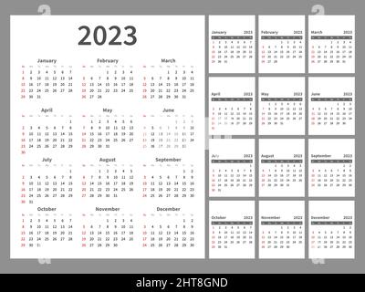 Pagine del calendario scrivania. Layout mensile semplice. Stile minimalista alla moda. Wall verticale 2023 anni di pianificazione. Numeri e testo in inglese. Pianificazione settimanale annuale Illustrazione Vettoriale