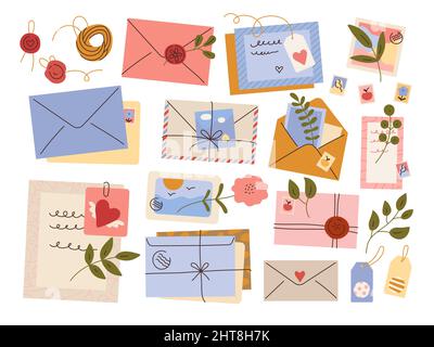Buste con contrassegni postali e lettere. Elementi postali cartacei. Rametti di piante. Cera sigillante e spago. Invio di messaggi vintage. Cartoline e fiori Illustrazione Vettoriale