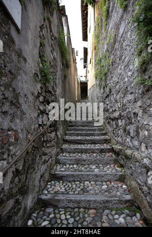 Una verticale di un corridoio stretto con scale di ciottoli tra vecchi edifici coperti di piante verdi Foto Stock
