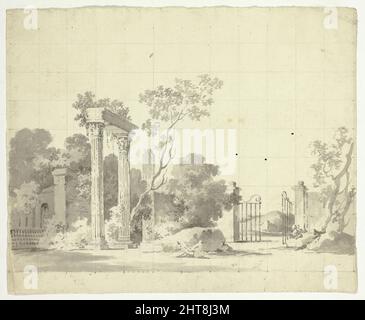 Vista del Parco a Versailles: Colonne in rovina e una porta di ferro aperta, n.d. Foto Stock