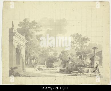 Vista del Parco a Versailles: Ingresso ad arco a una terrazza, Urns e Statuario in rovina, n.d. Foto Stock