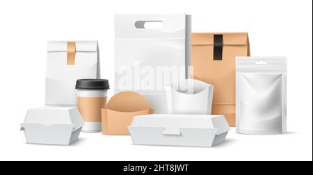 Confezionamento alimentare realistico da asporto. 3D contenitori monouso. Borse e scatole. Pacchetto di consegna pasto veloce. Tazza di caffè e bustina con chiusura a cerniera Illustrazione Vettoriale