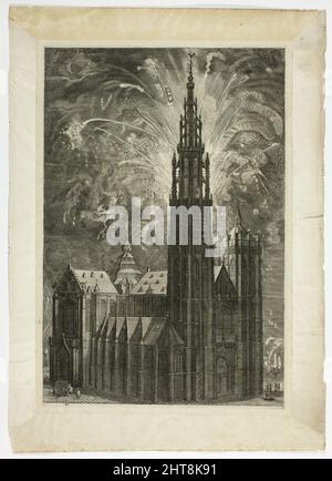 Fuochi d'artificio intorno alla Cattedrale di Anversa, piatto 41 da Casperius Gevartius, Pompa Introitus Honori Serenissimi Principis FerdinandI, 1642. Foto Stock