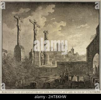 Cimitero di San Giovanni con vista sulla città di Norimberga, dalla collezione di edifici medievali memorabili in Germania, 1819. Foto Stock