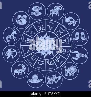 Cerchio zodiaco. Calendario astrologico rotondo. Oroscopo simboli a motivi geometrici e segni di costellazione a stella. Animali zodiacali. Fortuna mistica della ruota Illustrazione Vettoriale