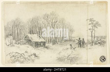 Woodland Hut, con Hunters avvicinarsi, 18th o 19th secolo. Foto Stock