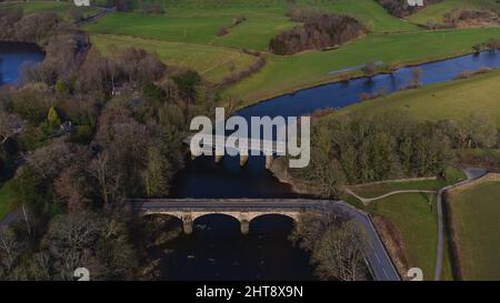 Una vista aerea dei ponti a Crook o Lune vicino Lancaster in Lancashire, Regno Unito Foto Stock