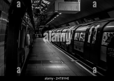 Una scala di grigi di un treno in metropolitana a Londra Foto Stock