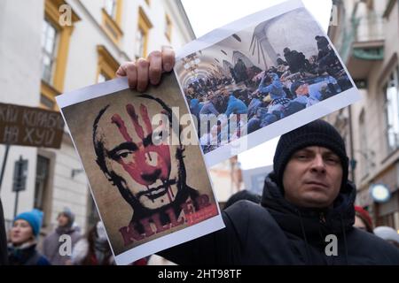 Cracovia, Polonia. 27th Feb 2022. I manifestanti hanno cartelloni durante la dimostrazione gli ucraini a Cracovia protestano contro la guerra in Ucraina e l'aggressione di Putin contro il loro paese. (Foto di Wojciech Grabowski/SOPA Images/Sipa USA) Credit: Sipa USA/Alamy Live News Foto Stock