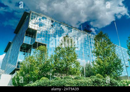 Primo piano dell'Hilton Hotel a Praga, Repubblica Ceca Foto Stock