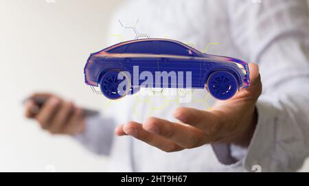 Immagine dell'auto autonoma con immagine HUD del sistema di navigazione e una mano che cerca di tenerla. Foto Stock