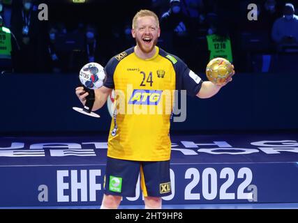 Jim Gottfridsson di Svezia festeggia dopo aver vinto l'euro 2022 dell'EHF uomo, la partita finale di pallamano tra Svezia e Spagna il 30 gennaio 2022 presso la Budapest Multifunctional Arena di Budapest, Ungheria - Foto Laurent Lairys / DPPI Foto Stock