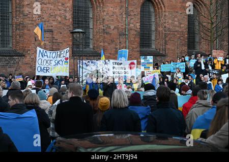 Folla di persone che protestano contro l'invasione russa dell'Ucraina: Manifestazione contro le proteste belliche ad Aarhus, Danimarca, il 26 febbraio 2022. Foto Stock