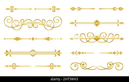 Divisorio bordo oro vintage set piatto. Curl ornamentale classico design elemento testo cornice matrimonio invito cartolina. Ricco ed elegante motivo divisore fiorisce decorazione vettore isolato su bianco Illustrazione Vettoriale