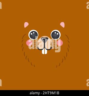 Cute beaver ritratto quadrato sorriso testa cartoon forma rotonda animale faccia, isolato mascotte avatar roditore vettore icona illustrazione. Semplice piatto disegnato a mano per i bambini poster, carte, t-shirt, vestiti per bambini Illustrazione Vettoriale