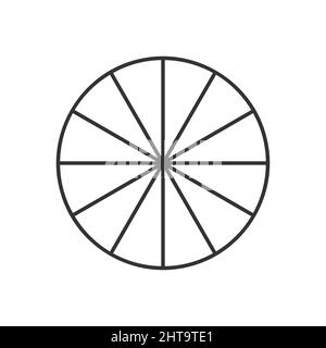 Cerchio diviso in 12 segmenti isolati su sfondo bianco. Forma rotonda della pizza o della torta tagliata in dodici parti uguali nello stile del contorno. Esempio di business chart semplice. Illustrazione lineare vettoriale Illustrazione Vettoriale