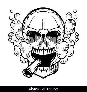 Cranio umano disegnato a mano che fuma sigaro e indossa sullo sfondo. Illustrazione vettoriale Illustrazione Vettoriale