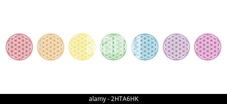 Sette fiori di vita color arcobaleno. Figure geometriche e antichi simboli spirituali della geometria Sacra. Cerchi sovrapposti che formano mandala. Foto Stock