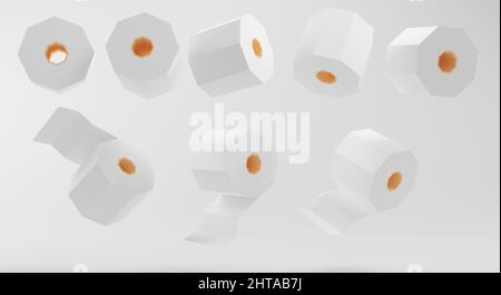 set di rotoli di carta igienica isolati su sfondo bianco. 3d illustrazione Foto Stock