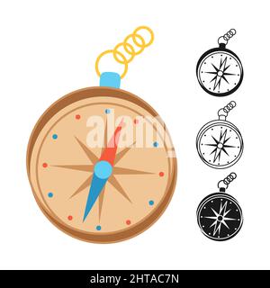 Icona di navigazione bussola cartoon disegnato o timbro, linea di doodle set. Vintage navigazione vento rosa semplice piatto segno per il viaggio. Design Symbol per il web design, app mobile. Illustrazione vettoriale Illustrazione Vettoriale