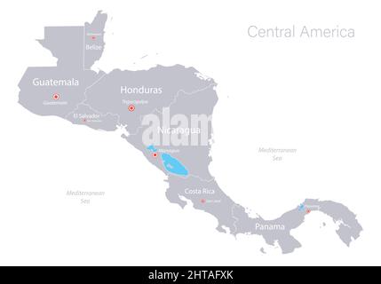 Mappa dell'America centrale, singoli stati e città capitale con nomi vettoriali Illustrazione Vettoriale
