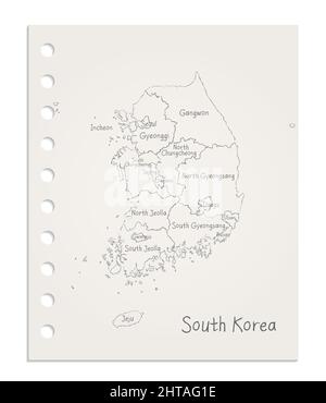 Mappa della Corea del Sud su fogli di carta puliti e realistici strappati dal vettore a blocchi Illustrazione Vettoriale