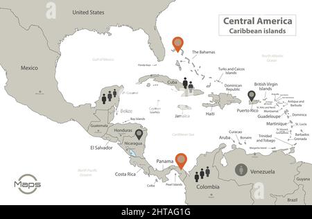 Mappa delle isole caraibiche e dell'America centrale, singole regioni con nomi, infografica e icone vettoriali Illustrazione Vettoriale