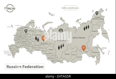 Mappa Russia, singole regioni con nomi, infografica e icone vettore Illustrazione Vettoriale