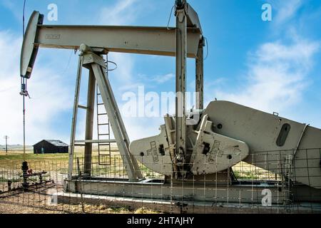 Petrolio Pumpjack o pozzo di petrolio trovato nella contea di Weston, Wyoming sulla prateria aperta ancora in funzione Foto Stock