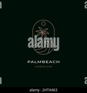 Modello vettoriale di ispirazione per il logo Palm Beach. Immagine onda con palma Illustrazione Vettoriale