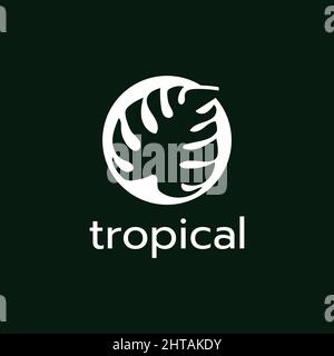 Modello vettoriale di simbolo di disegno del logo tropicale. Illustrazione della foglia di Monstera Illustrazione Vettoriale