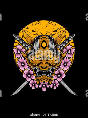 illustrazione vettore oni maschera con fiore sakura Illustrazione Vettoriale