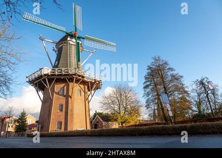 Angolo basso Vista del mulino di Papenburg con alberi su un tramonto soleggiato Foto Stock
